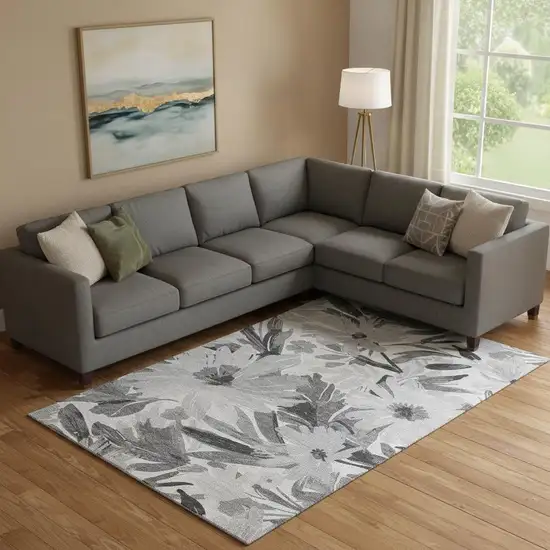 Gray Silver And Charcoal Floral Washable Area Rug With UV Protection Photo 2