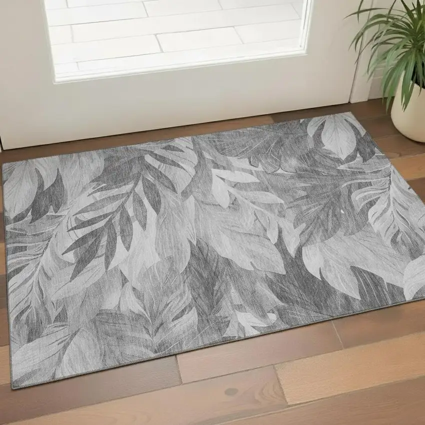Gray Silver And Charcoal Floral Washable Area Rug With UV Protection Photo 2