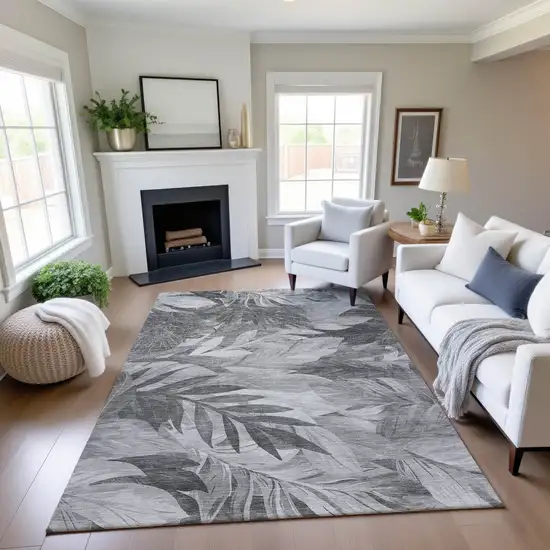 Gray Silver And Charcoal Floral Washable Area Rug With UV Protection Photo 4