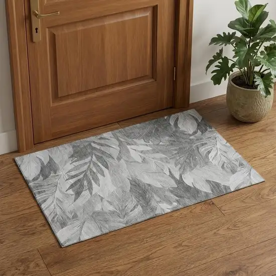 Gray Silver And Charcoal Floral Washable Area Rug With UV Protection Photo 1