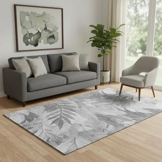 Gray Silver And Charcoal Floral Washable Area Rug With UV Protection Photo 2