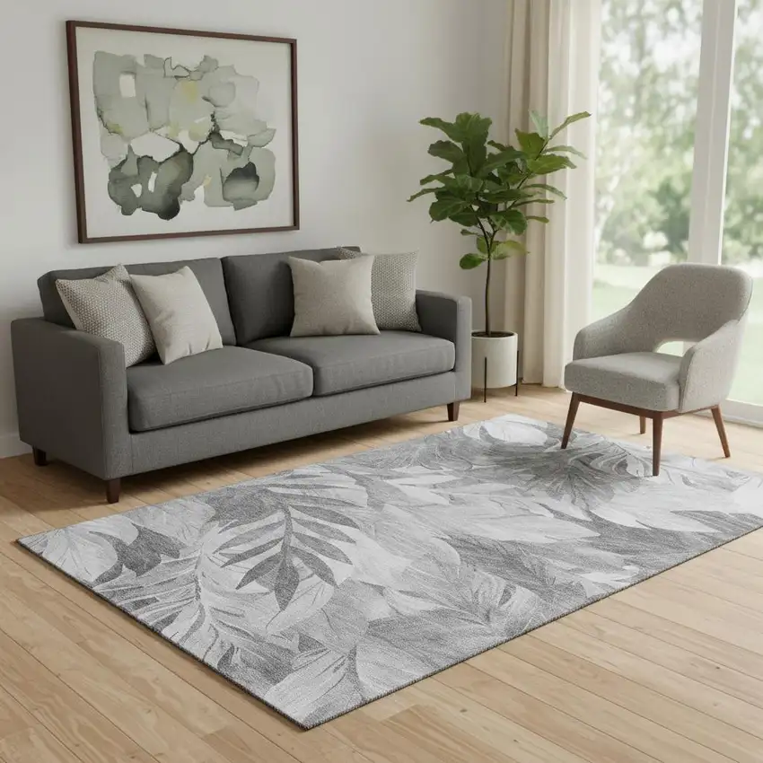 Gray Silver And Charcoal Floral Washable Area Rug With UV Protection Photo 2