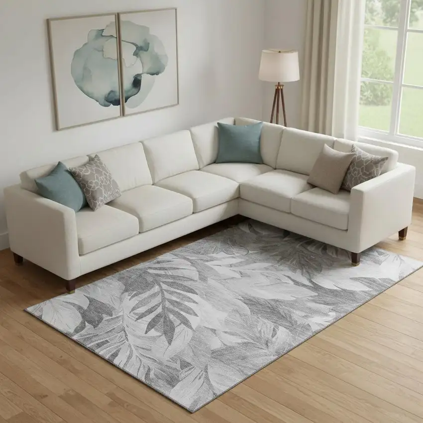 Gray Silver And Charcoal Floral Washable Area Rug With UV Protection Photo 2