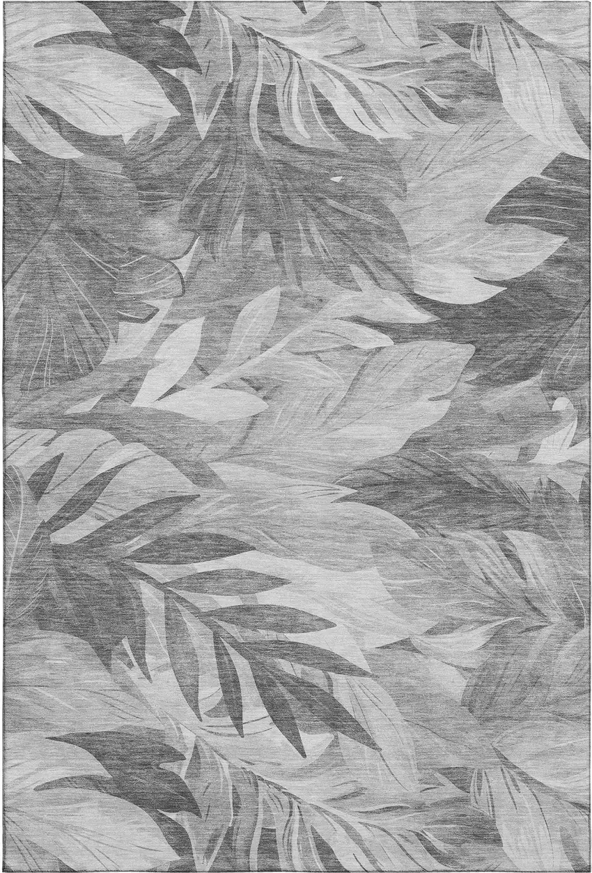 Gray Silver And Charcoal Floral Washable Area Rug With UV Protection Photo 1