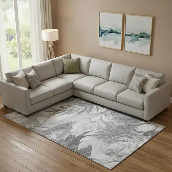 Gray Silver And Charcoal Floral Washable Area Rug With UV Protection Photo 2