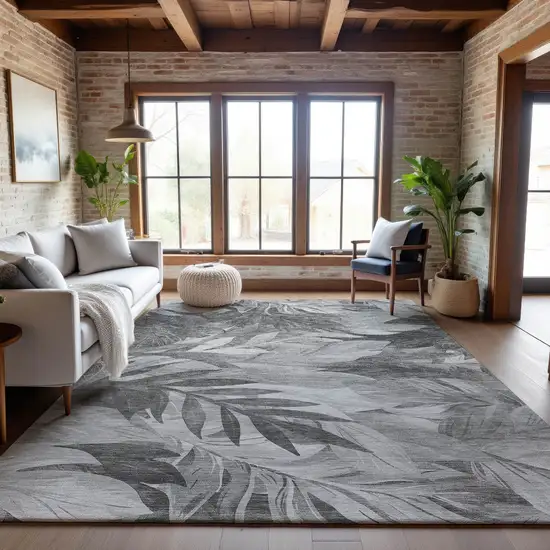 Gray Silver And Charcoal Floral Washable Area Rug With UV Protection Photo 4