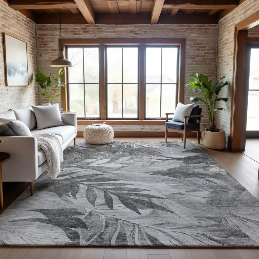 Gray Silver And Charcoal Floral Washable Area Rug With UV Protection Photo 4