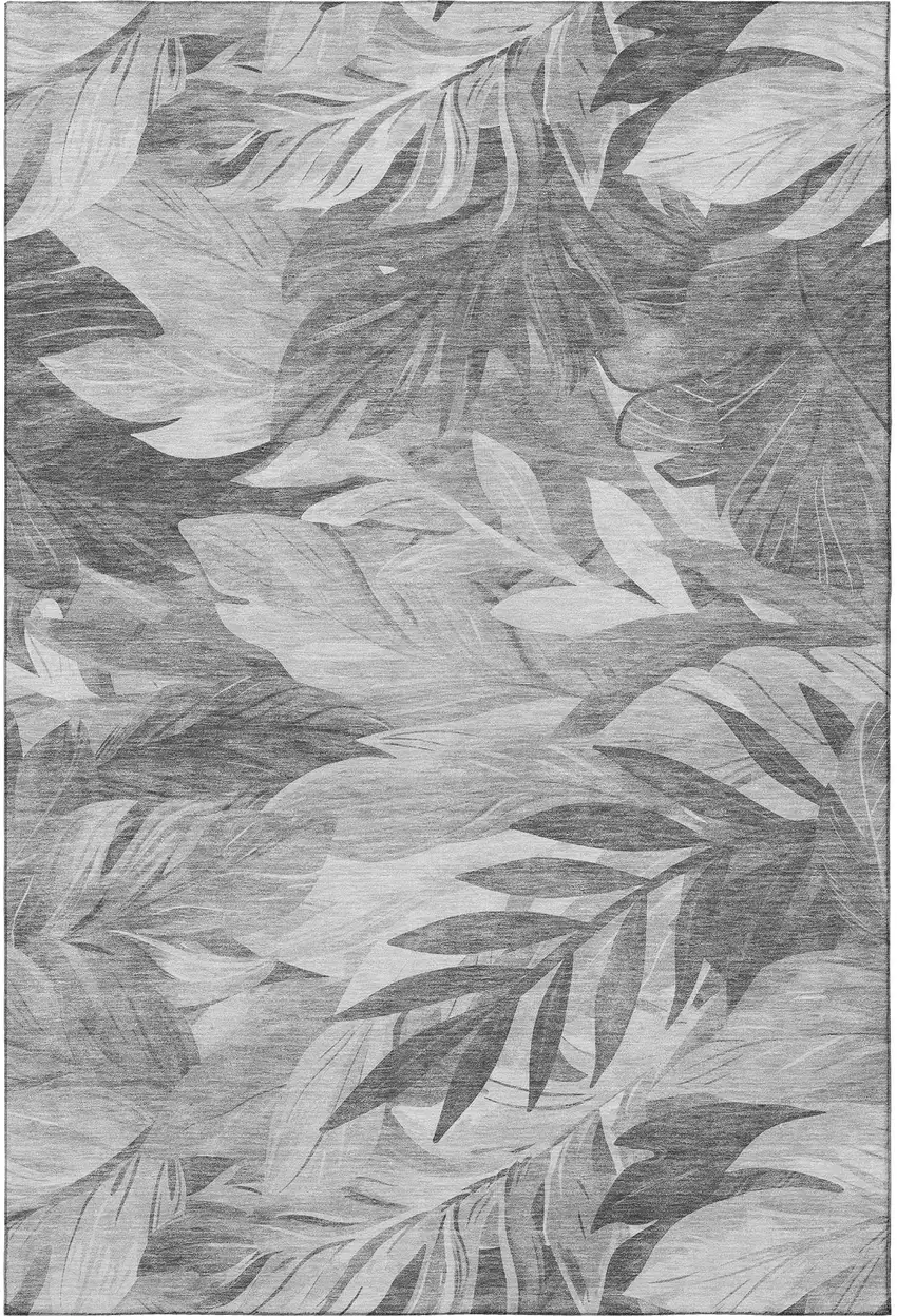 Gray Silver And Charcoal Floral Washable Area Rug With UV Protection Photo 2