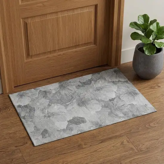 Gray Silver And Charcoal Floral Washable Area Rug With UV Protection Photo 1