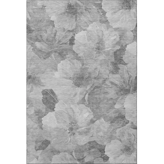 Gray Silver And Charcoal Floral Washable Area Rug With UV Protection Photo 3