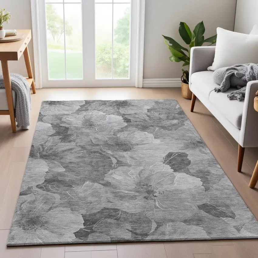 Gray Silver And Charcoal Floral Washable Area Rug With UV Protection Photo 5