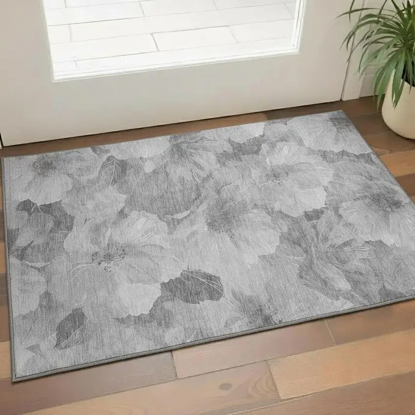 Gray Silver And Charcoal Floral Washable Area Rug With UV Protection Photo 2
