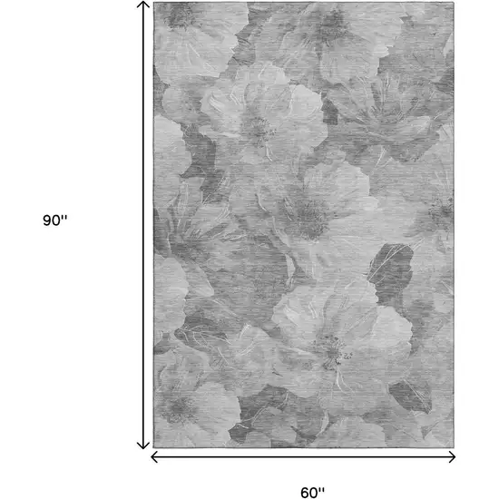 Gray Silver And Charcoal Floral Washable Area Rug With UV Protection Photo 9