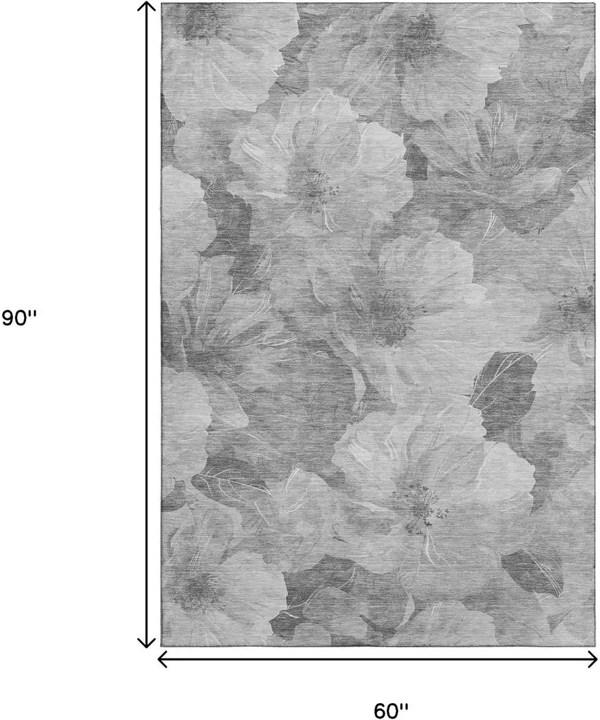 Gray Silver And Charcoal Floral Washable Area Rug With UV Protection Photo 9