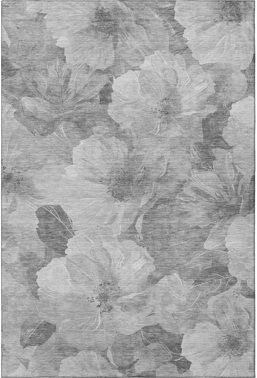 Gray Silver And Charcoal Floral Washable Area Rug With UV Protection Photo 2