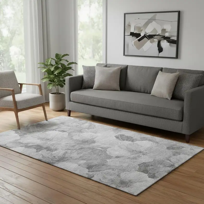Gray Silver And Charcoal Floral Washable Area Rug With UV Protection Photo 2