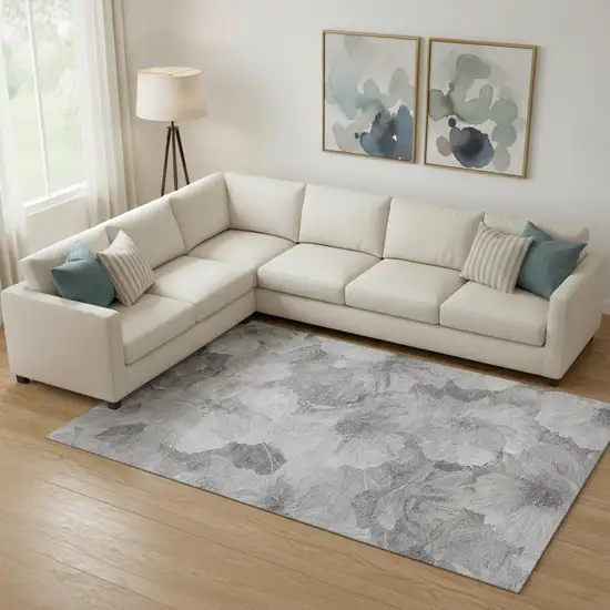 Gray Silver And Charcoal Floral Washable Area Rug With UV Protection Photo 2