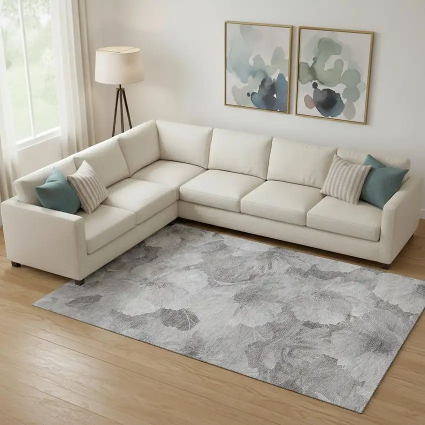 Gray Silver And Charcoal Floral Washable Area Rug With UV Protection Photo 2