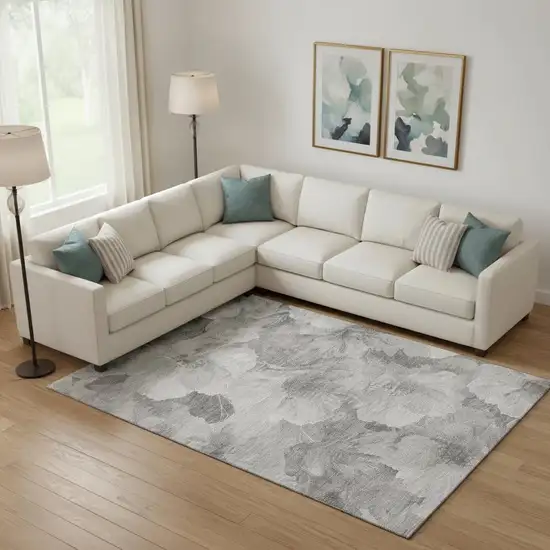 Gray Silver And Charcoal Floral Washable Area Rug With UV Protection Photo 2