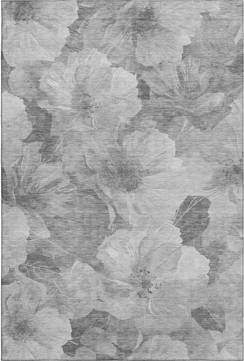 Gray Silver And Charcoal Floral Washable Area Rug With UV Protection Photo 1