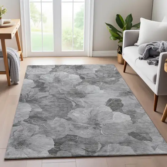 Gray Silver And Charcoal Floral Washable Area Rug With UV Protection Photo 5