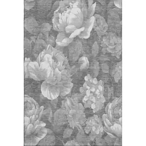 Photo of Gray Silver And Charcoal Floral Washable Area Rug With UV Protection