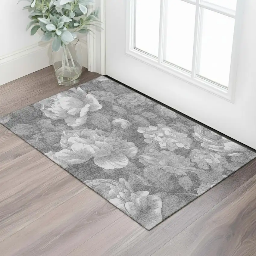 Gray Silver And Charcoal Floral Washable Area Rug With UV Protection Photo 2