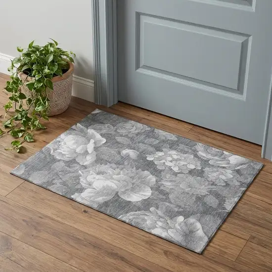 Gray Silver And Charcoal Floral Washable Area Rug With UV Protection Photo 1