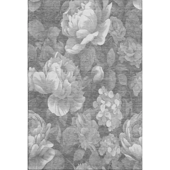 Gray Silver And Charcoal Floral Washable Area Rug With UV Protection Photo 1