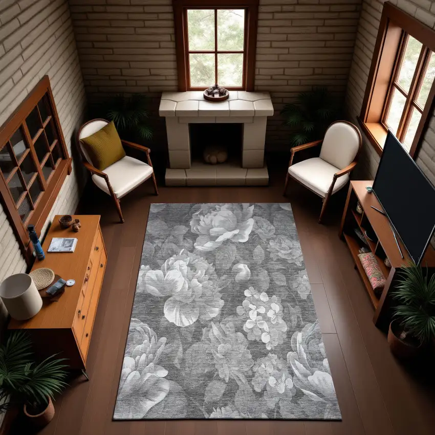 Gray Silver And Charcoal Floral Washable Area Rug With UV Protection Photo 4
