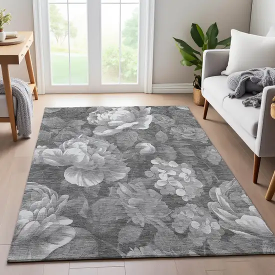 Gray Silver And Charcoal Floral Washable Area Rug With UV Protection Photo 5