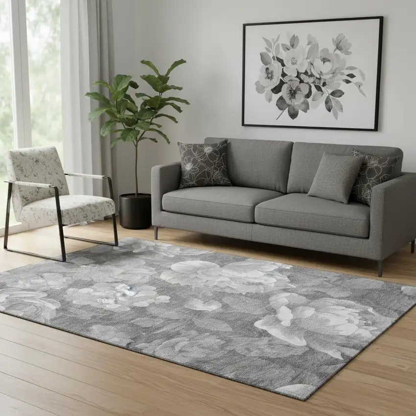 Gray Silver And Charcoal Floral Washable Area Rug With UV Protection Photo 2