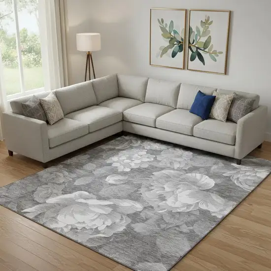 Gray Silver And Charcoal Floral Washable Area Rug With UV Protection Photo 2
