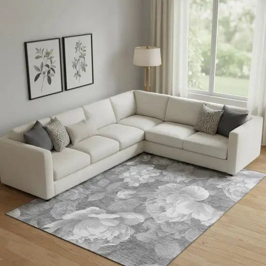 Gray Silver And Charcoal Floral Washable Area Rug With UV Protection Photo 2
