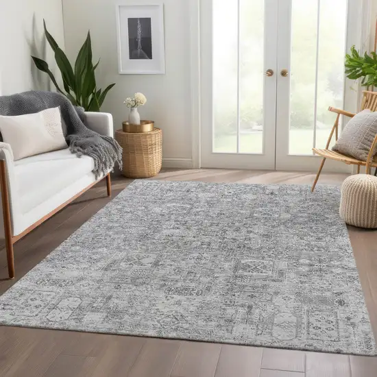 Gray Silver And Charcoal Floral Washable Indoor Outdoor Area Rug Photo 8
