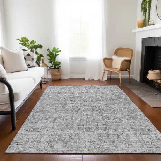 Gray Silver And Charcoal Floral Washable Indoor Outdoor Area Rug Photo 9