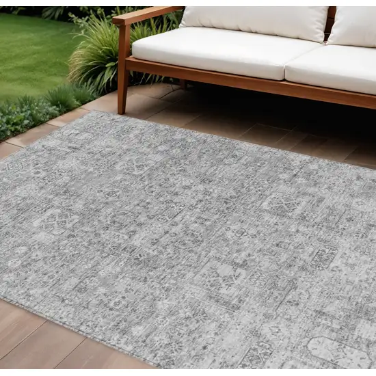 Gray Silver And Charcoal Floral Washable Indoor Outdoor Area Rug Photo 1
