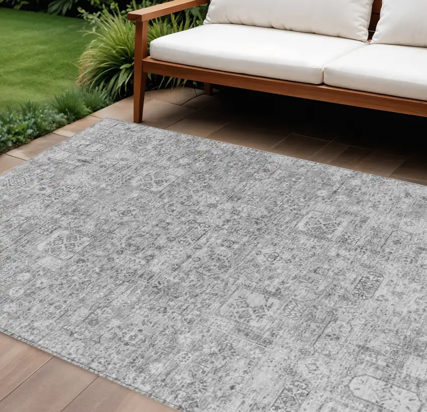 Gray Silver And Charcoal Floral Washable Indoor Outdoor Area Rug Photo 1