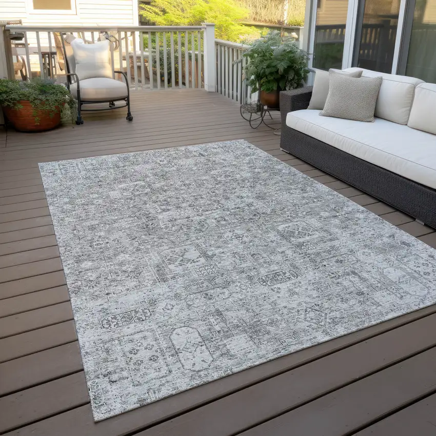 Gray Silver And Charcoal Floral Washable Indoor Outdoor Area Rug Photo 9