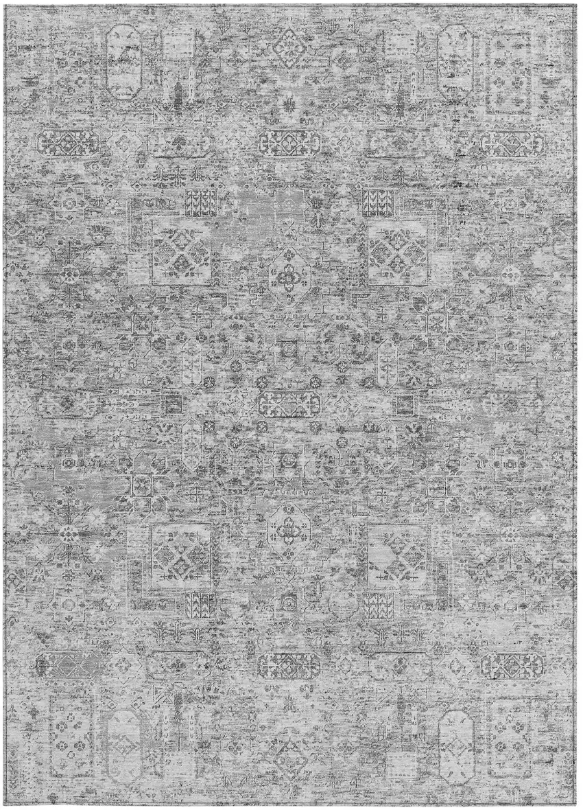 Gray Silver And Charcoal Floral Washable Indoor Outdoor Area Rug Photo 6