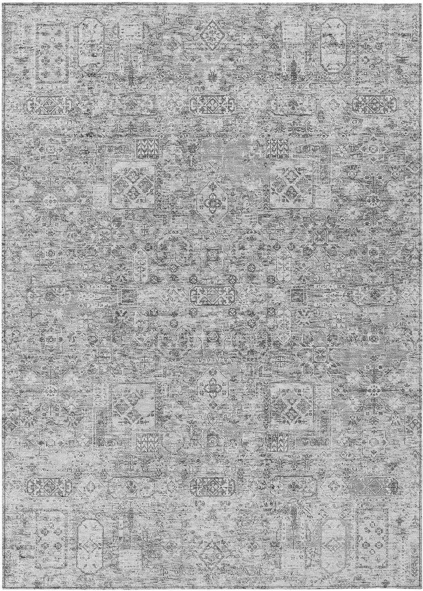 Gray Silver And Charcoal Floral Washable Indoor Outdoor Area Rug Photo 2