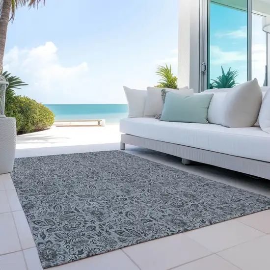 Gray Silver And Charcoal Floral Washable Indoor Outdoor Area Rug Photo 9