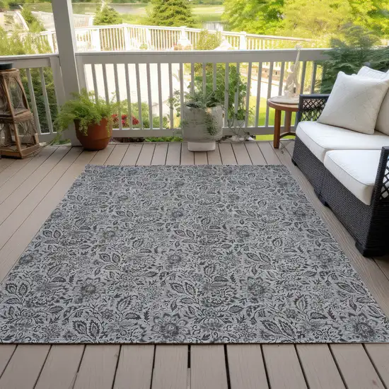 Gray Silver And Charcoal Floral Washable Indoor Outdoor Area Rug Photo 7
