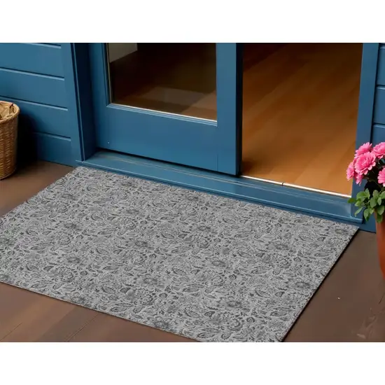 Gray Silver And Charcoal Floral Washable Indoor Outdoor Area Rug Photo 1
