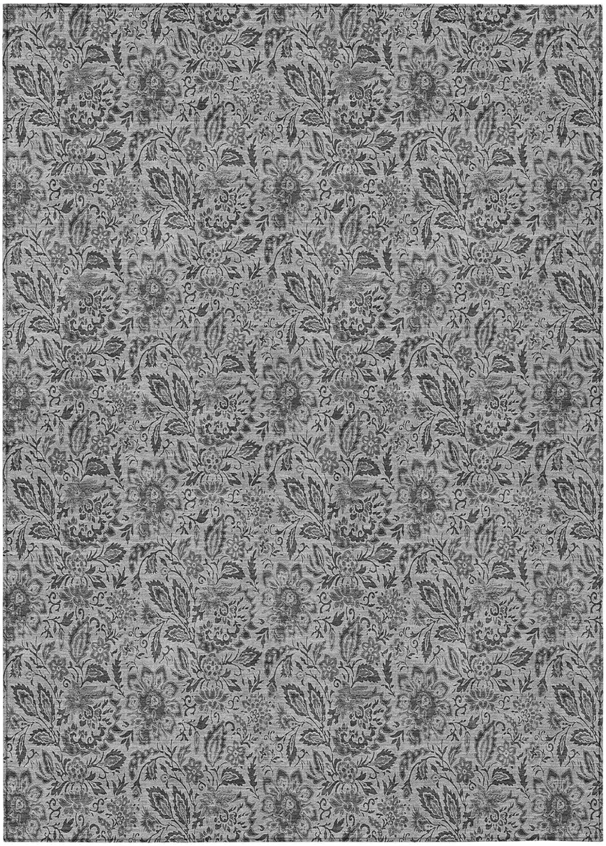 Gray Silver And Charcoal Floral Washable Indoor Outdoor Area Rug Photo 2