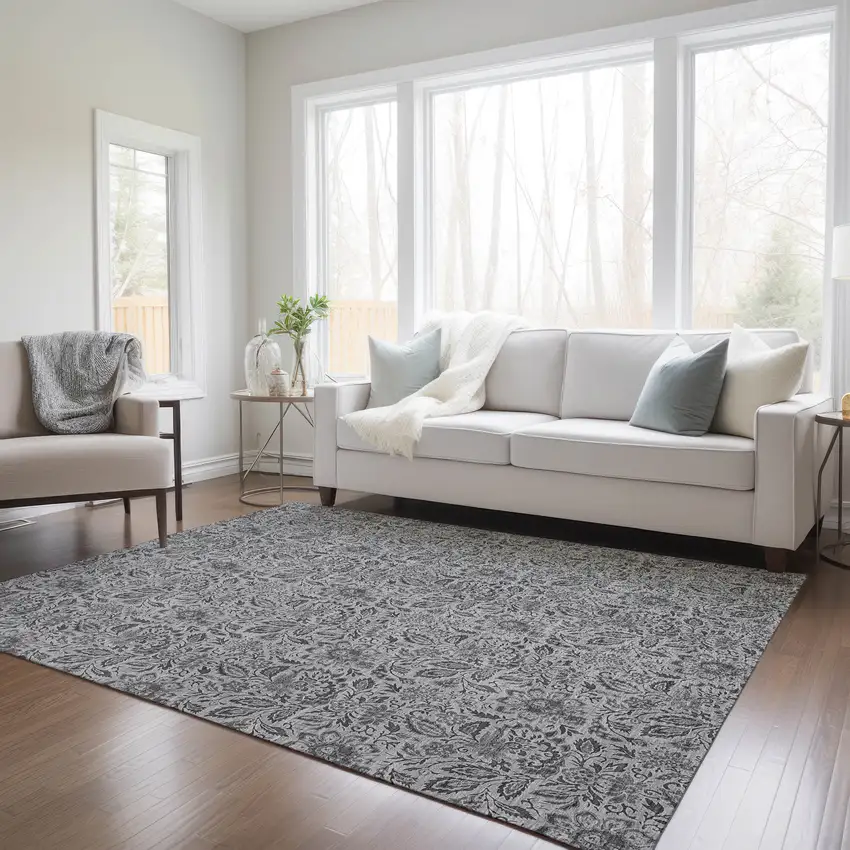 Gray Silver And Charcoal Floral Washable Indoor Outdoor Area Rug Photo 9