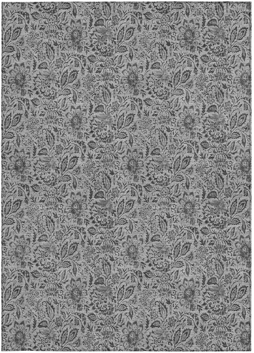 Gray Silver And Charcoal Floral Washable Indoor Outdoor Area Rug Photo 6