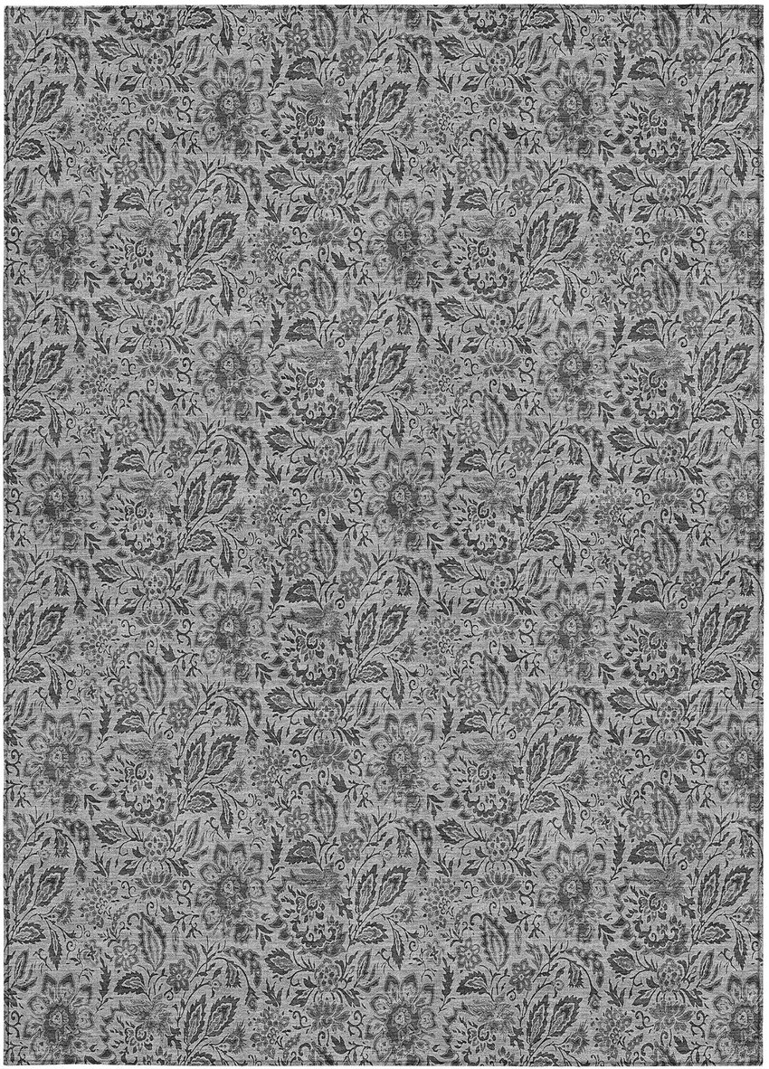 Gray Silver And Charcoal Floral Washable Indoor Outdoor Area Rug Photo 6