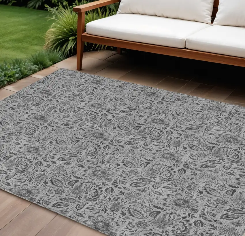 Gray Silver And Charcoal Floral Washable Indoor Outdoor Area Rug Photo 1