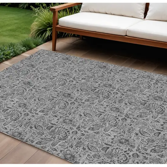 Gray Silver And Charcoal Floral Washable Indoor Outdoor Area Rug Photo 1
